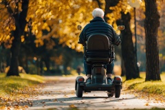 A senior person using a mobility scooter in a park.